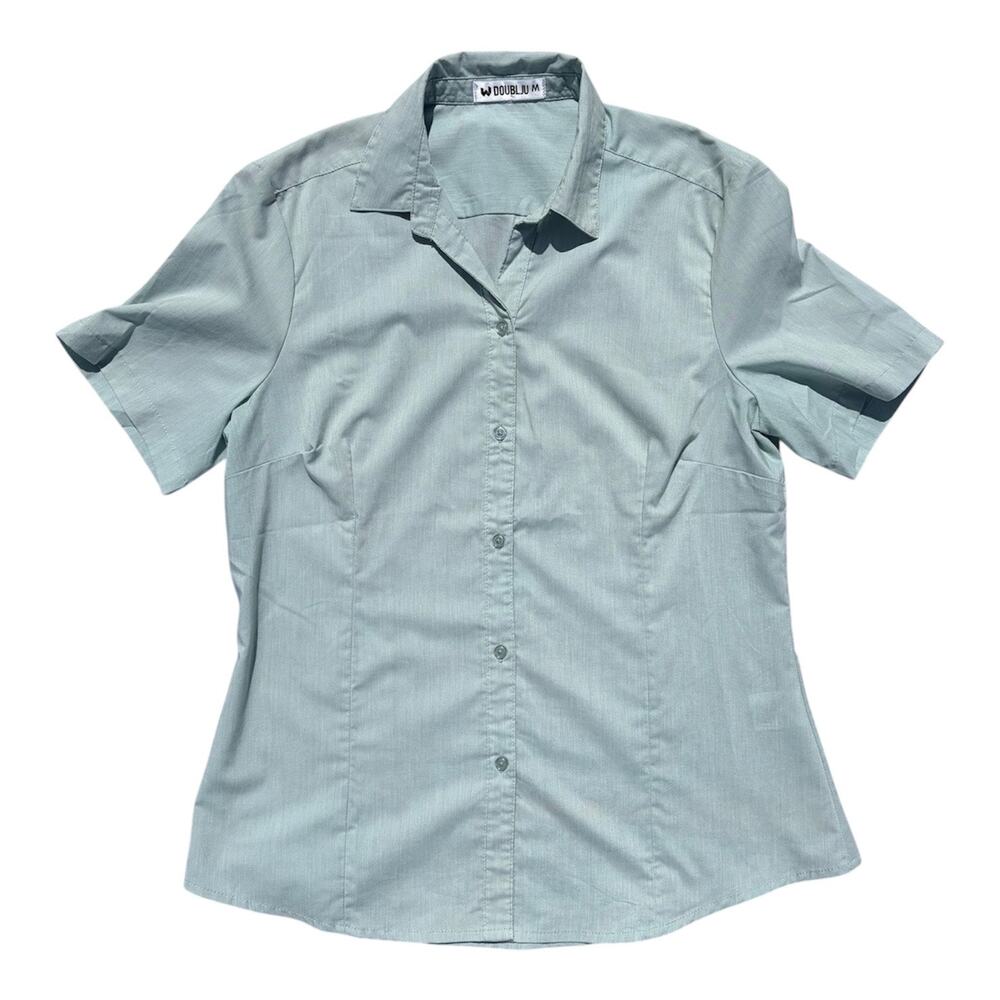 Womens Short Sleeved Green Button Up Blouse Sz M Career Teacher Business Casual